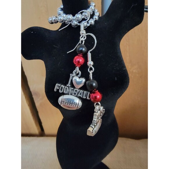 UGA University of Georgia SEC Handcrafted I Love Football Earrings Red And Black - Picture 1 of 3